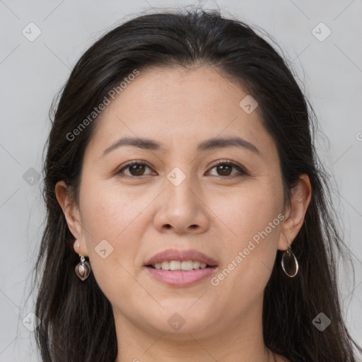 Joyful white young-adult female with long  brown hair and brown eyes