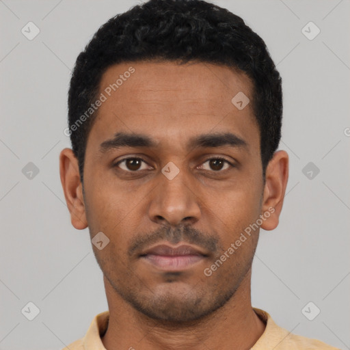 Neutral latino young-adult male with short  black hair and brown eyes