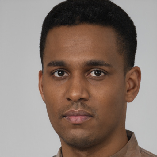 Neutral black young-adult male with short  black hair and brown eyes