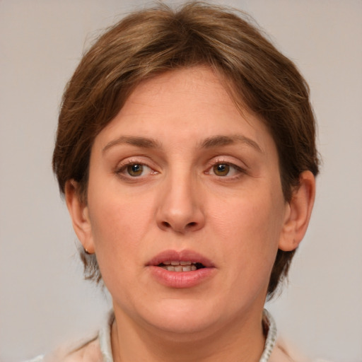 Joyful white adult female with medium  brown hair and green eyes