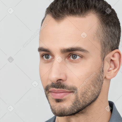 Neutral white young-adult male with short  brown hair and brown eyes