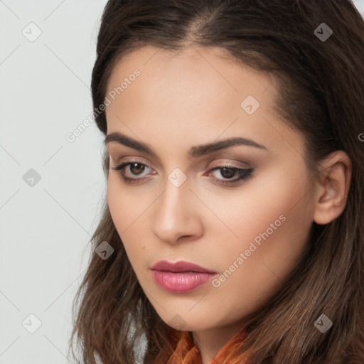 Neutral white young-adult female with long  brown hair and brown eyes