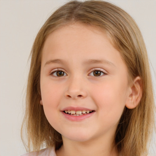 Joyful white child female with medium  brown hair and brown eyes