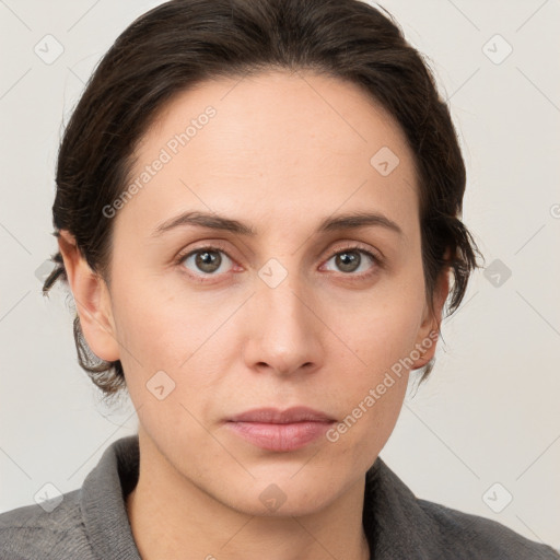 Neutral white young-adult female with medium  brown hair and grey eyes