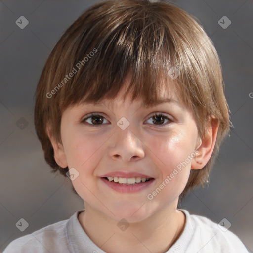 Joyful white child female with short  brown hair and brown eyes