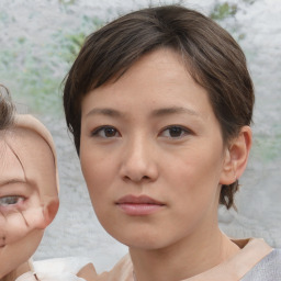 Neutral white young-adult female with medium  brown hair and brown eyes