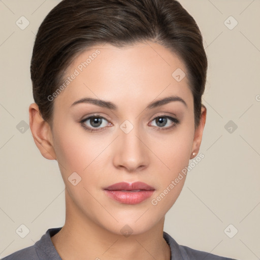 Neutral white young-adult female with short  brown hair and brown eyes