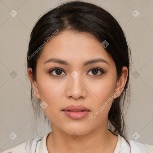 Neutral white young-adult female with medium  brown hair and brown eyes