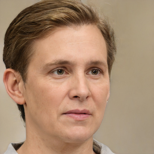 Joyful white adult female with short  brown hair and grey eyes