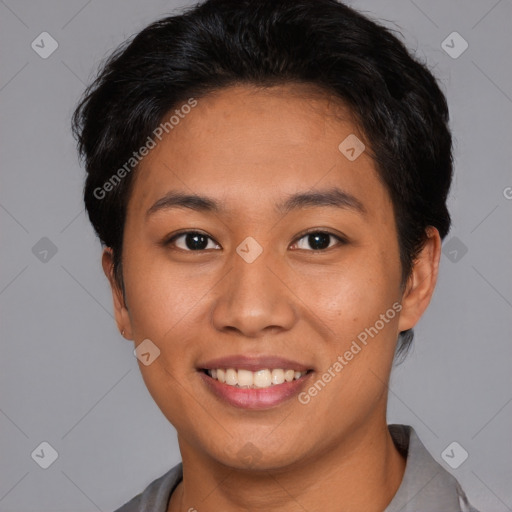 Joyful asian young-adult female with short  brown hair and brown eyes