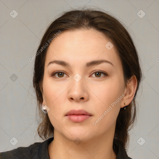 Neutral white young-adult female with medium  brown hair and brown eyes