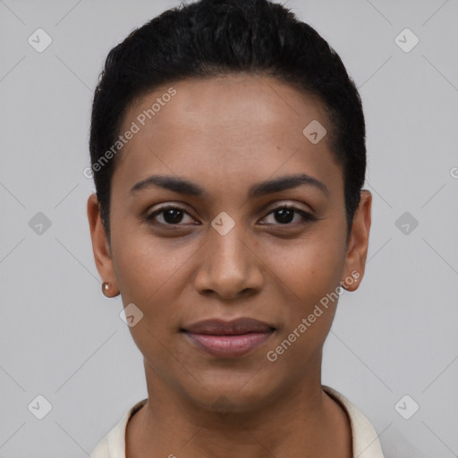 Joyful latino young-adult female with short  black hair and brown eyes