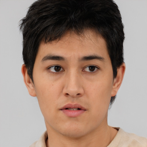 Neutral asian young-adult male with short  brown hair and brown eyes