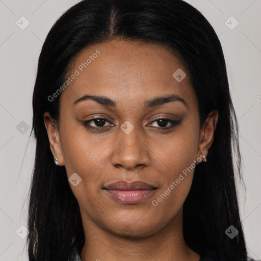 Joyful asian young-adult female with long  black hair and brown eyes