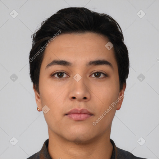 Neutral latino young-adult male with short  black hair and brown eyes