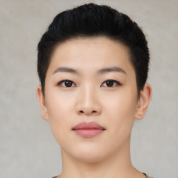 Neutral asian young-adult female with short  black hair and brown eyes