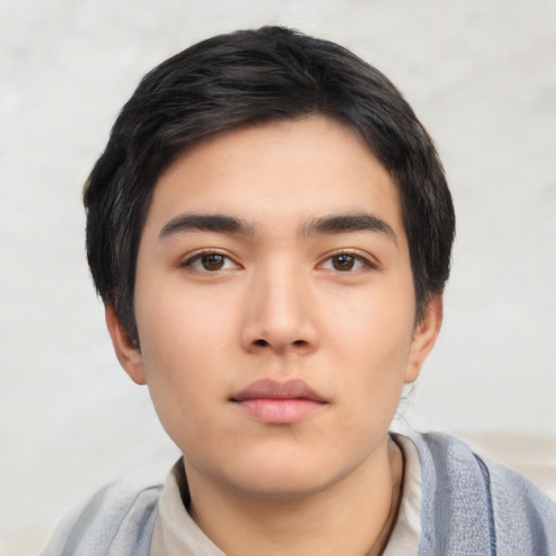 Neutral asian young-adult male with short  black hair and brown eyes