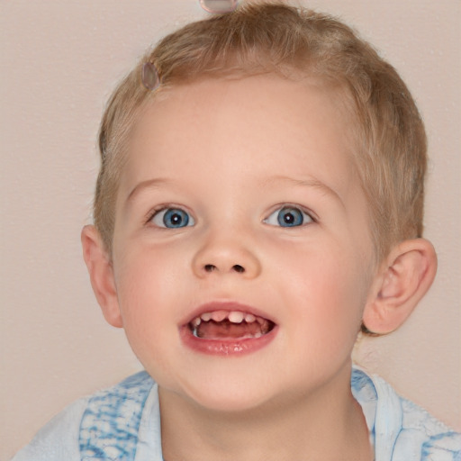 Joyful white child female with short  brown hair and blue eyes