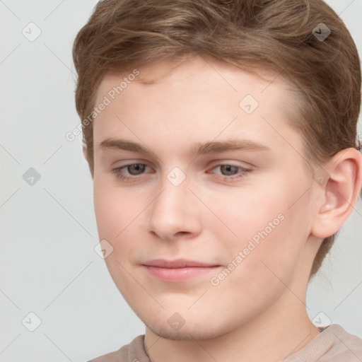Neutral white young-adult male with short  brown hair and grey eyes
