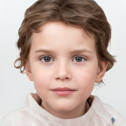 Neutral white child female with short  brown hair and grey eyes