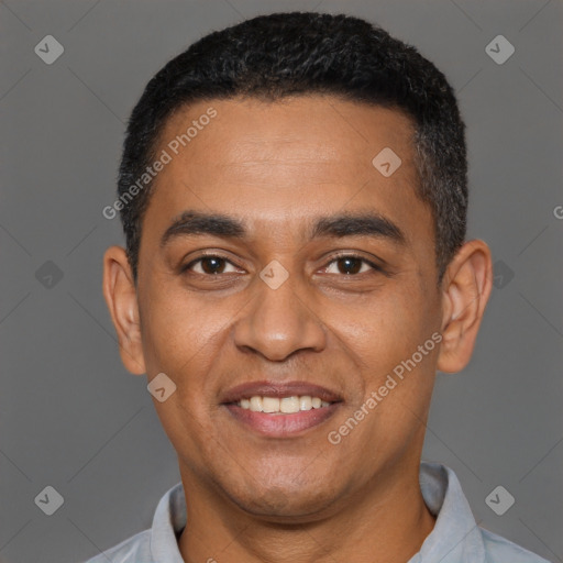 Joyful latino young-adult male with short  black hair and brown eyes