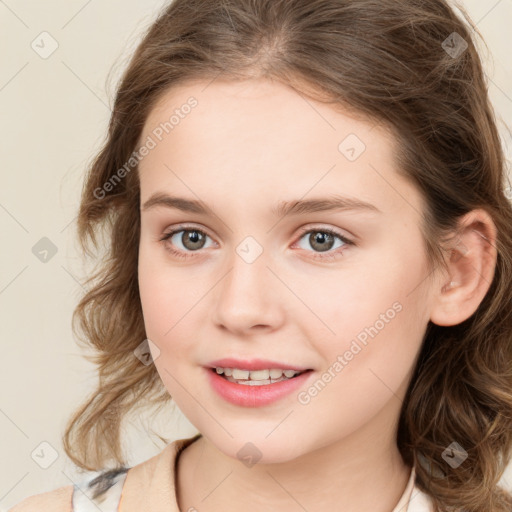 Joyful white young-adult female with medium  brown hair and green eyes