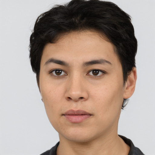 Neutral asian young-adult female with short  black hair and brown eyes