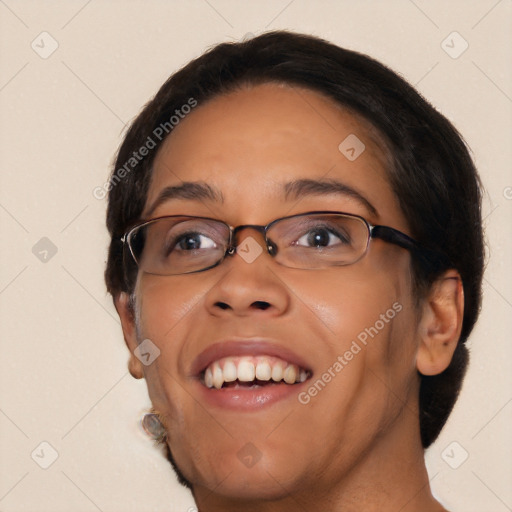 Joyful latino young-adult female with short  brown hair and brown eyes