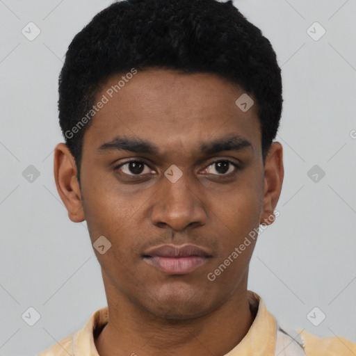 Neutral latino young-adult male with short  black hair and brown eyes