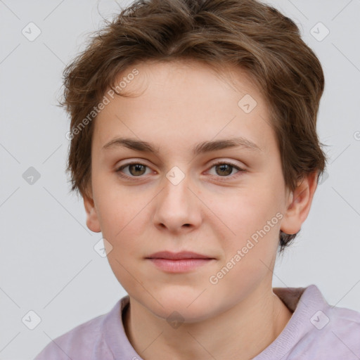 Neutral white young-adult female with short  brown hair and brown eyes