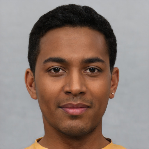 Neutral latino young-adult male with short  black hair and brown eyes