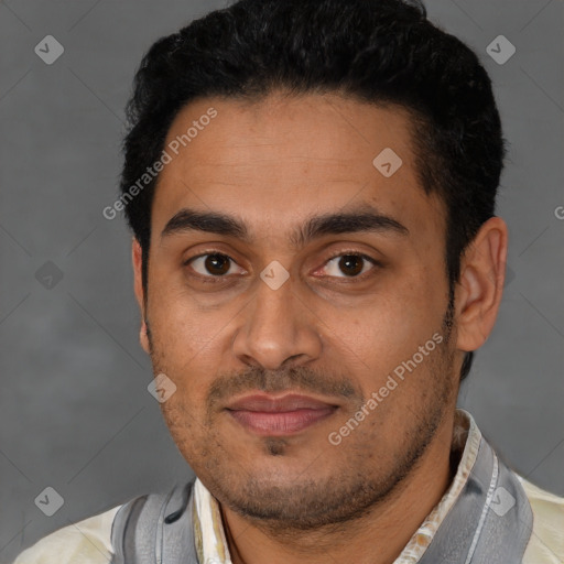 Neutral latino young-adult male with short  black hair and brown eyes
