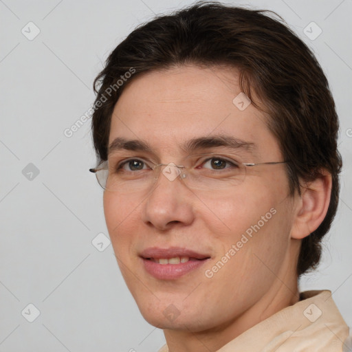 Joyful white adult female with short  brown hair and brown eyes