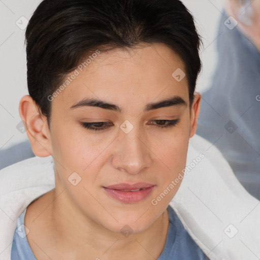 Joyful white young-adult female with short  brown hair and brown eyes