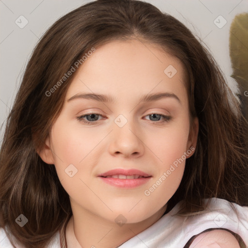 Joyful white child female with medium  brown hair and brown eyes