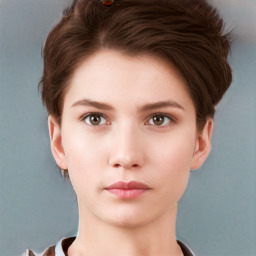 Neutral white young-adult female with short  brown hair and brown eyes