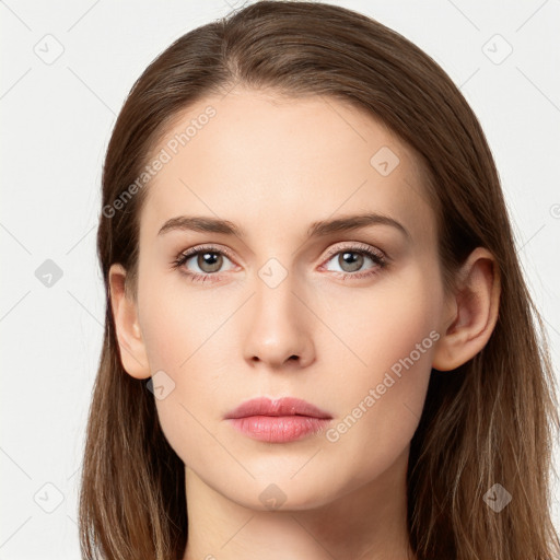 Neutral white young-adult female with long  brown hair and grey eyes