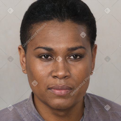 Joyful black young-adult female with short  black hair and brown eyes