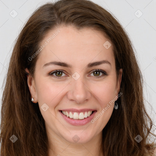 Joyful white young-adult female with long  brown hair and green eyes