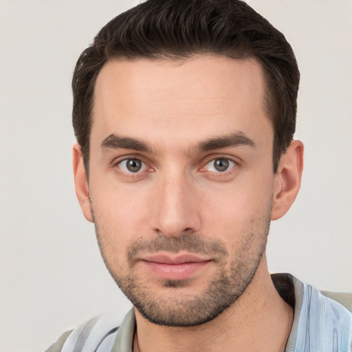 Neutral white young-adult male with short  brown hair and brown eyes