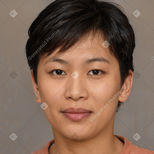 Joyful asian young-adult female with short  brown hair and brown eyes