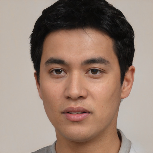 Neutral asian young-adult male with short  black hair and brown eyes