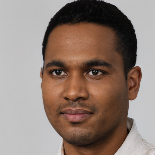 Neutral black young-adult male with short  black hair and brown eyes
