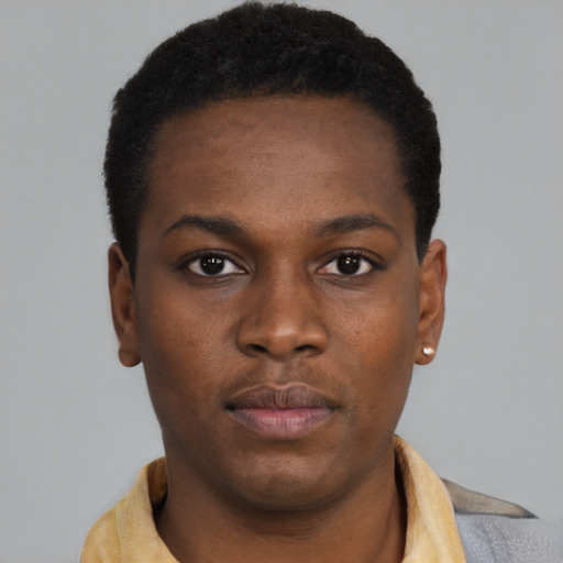Neutral black young-adult male with short  black hair and brown eyes
