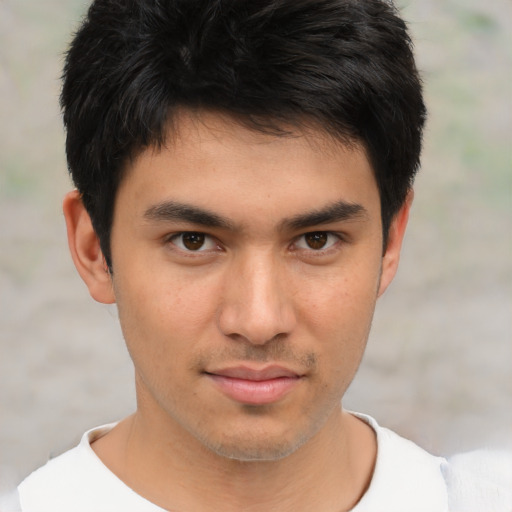 Neutral asian young-adult male with short  brown hair and brown eyes