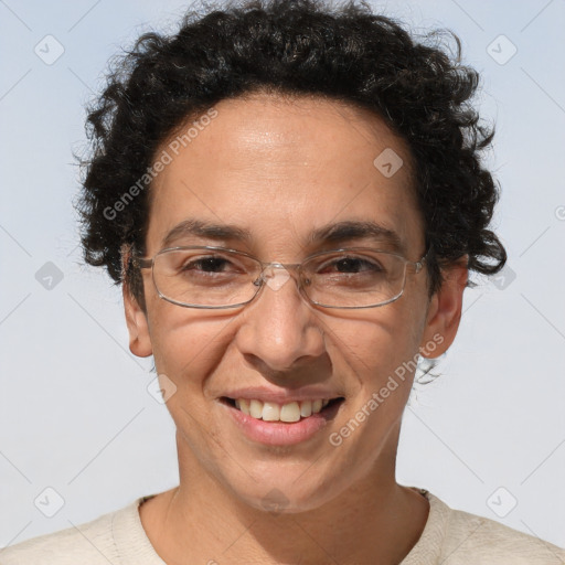 Joyful white adult female with short  brown hair and brown eyes