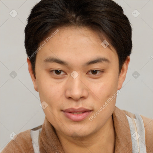 Neutral white young-adult female with short  brown hair and brown eyes