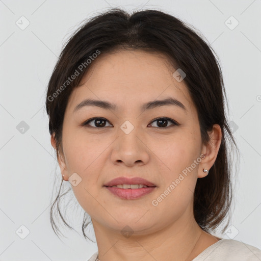 Joyful white young-adult female with medium  brown hair and brown eyes