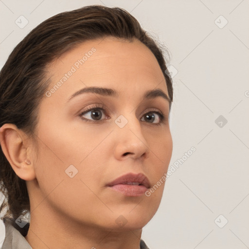 Neutral white young-adult female with medium  brown hair and brown eyes