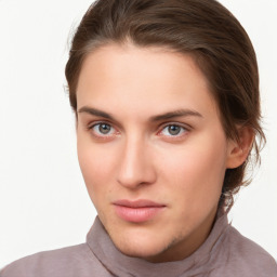 Neutral white young-adult female with short  brown hair and brown eyes